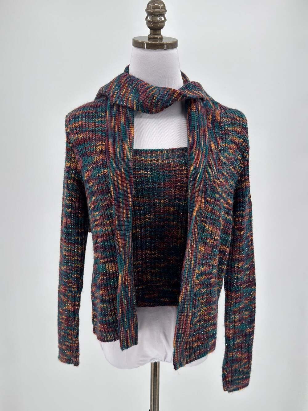 Vintage Phyllis Sues Multicolor Knit Scarf Top Cardigan Multi Piece Set Sz S/M